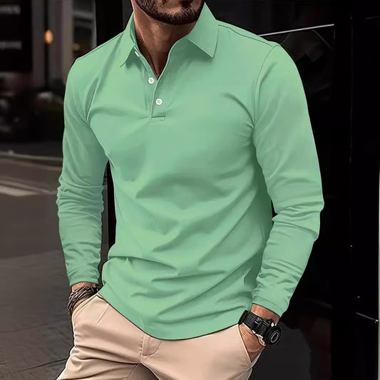 Buckle European And American Men's Daily Casual Polo Collar Long Sleeve Polo Wear