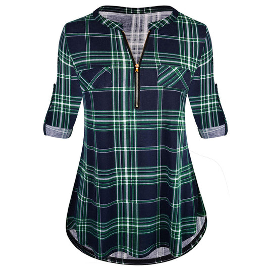 Checked Curled Zipper Long-sleeved Top