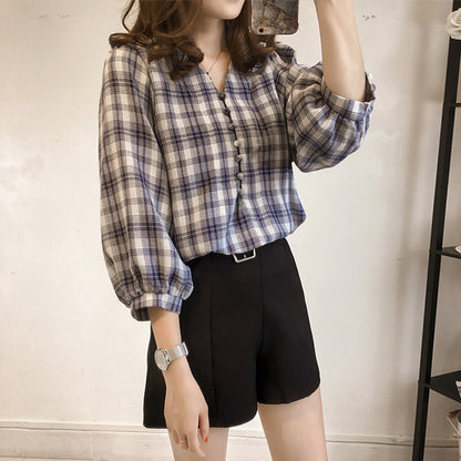 Korean Style Loose Lantern Sleeve Plaid Shirt