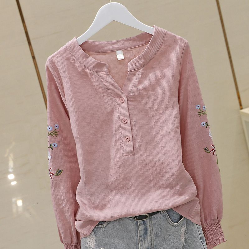 V-neck Embroidery Pleating Long Sleeve Cotton Shirt Fashion Embroidered Top