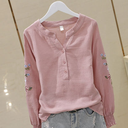 V-neck Embroidery Pleating Long Sleeve Cotton Shirt Fashion Embroidered Top