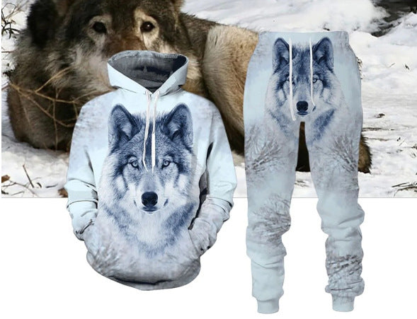 Digital Wolf Pattern Hoodie Sweater Pants Suit For Men And Women