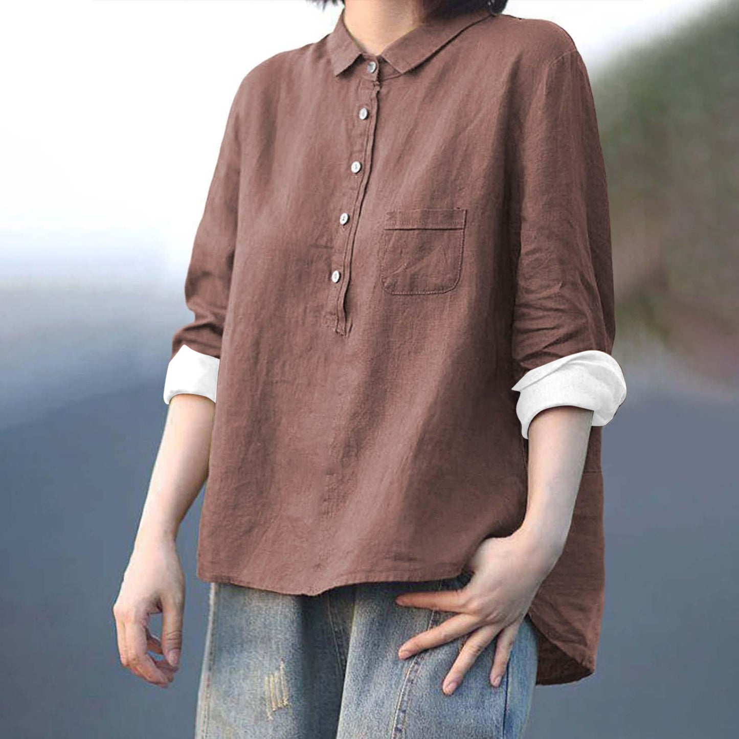 Arrival Long Sleeve Chinese Style Slub Linen Lapel Print Fashionable All-match Pocket Lining