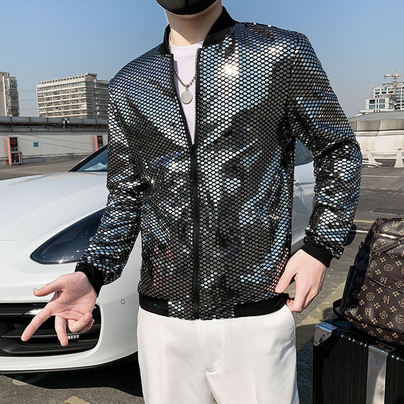 New Men's Personality Fashion Nightclub Trendy Sequined Stand Collar Coat