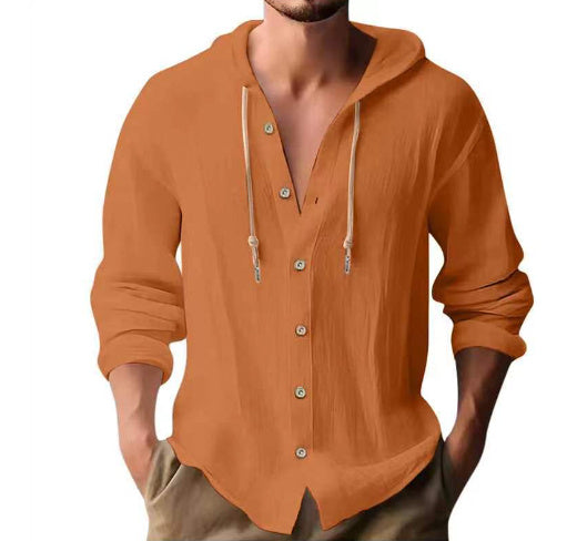 Cotton And Linen Shirt Hooded Sweater Button Long Sleeve