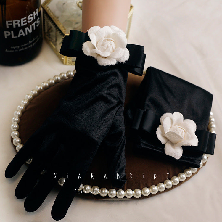 Women's Retro Hepburn Wind Black Evening Dress Butterfly Gloves