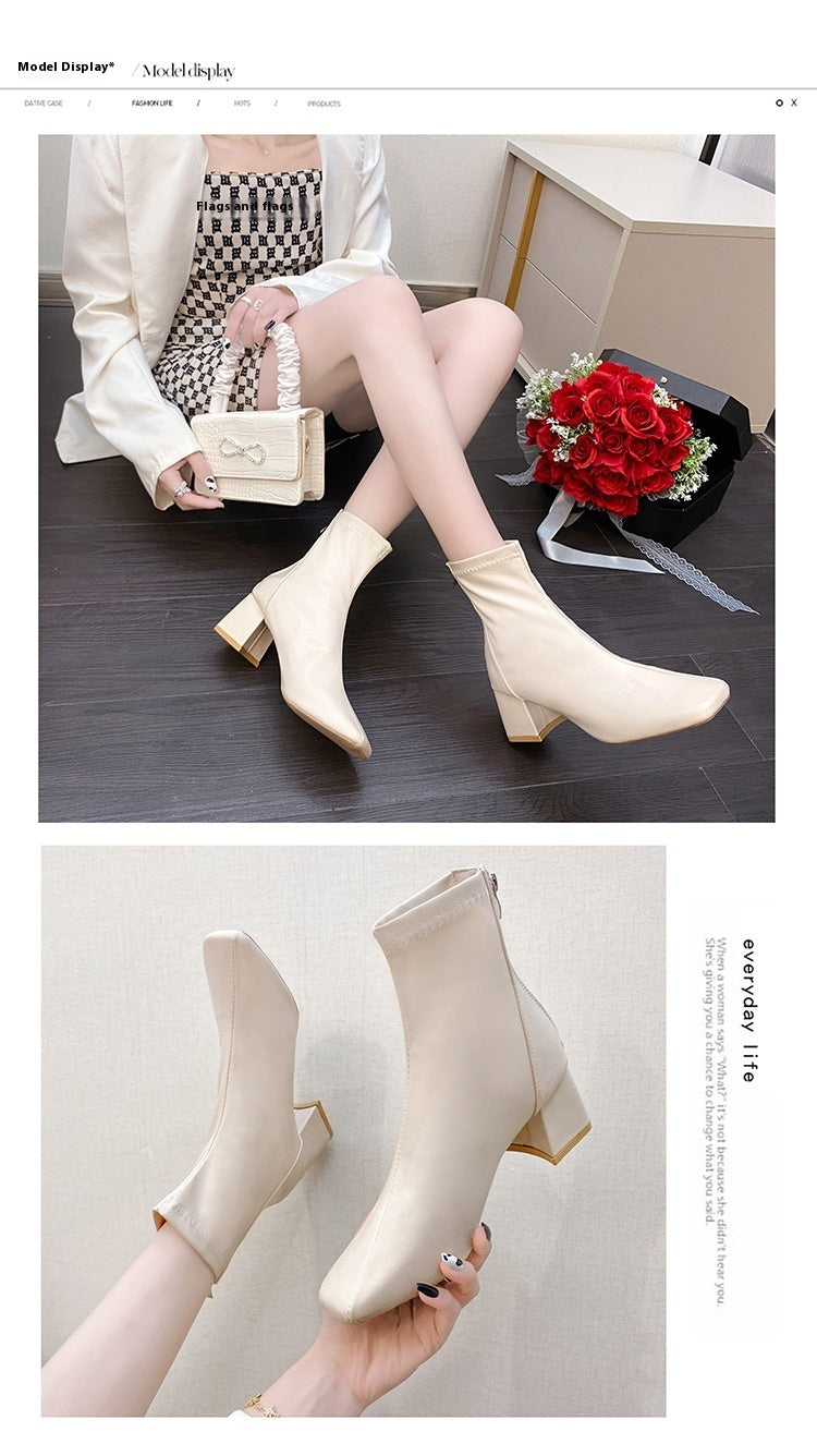 European And American Style Square Toe Back Zip Short Boots Chunky Heel