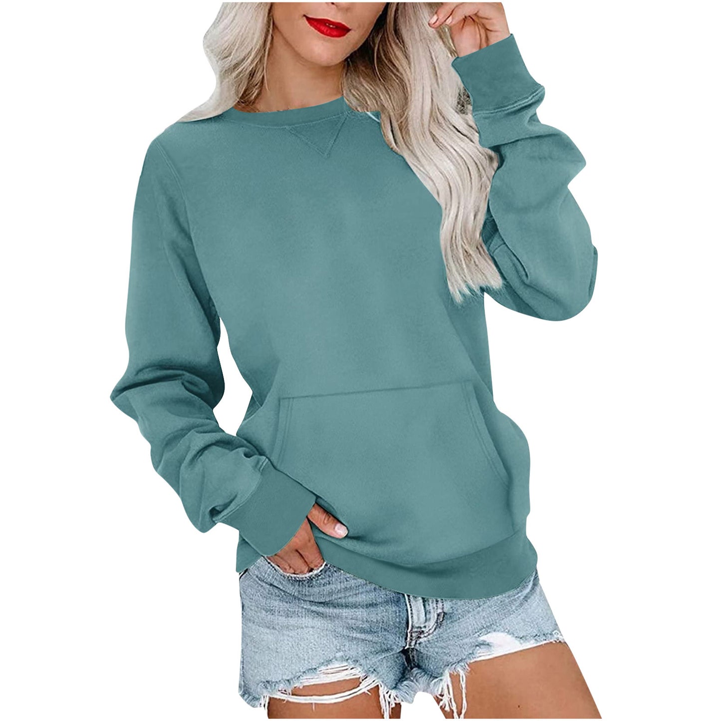 Solid Color Pullover Sweatshirt With Pocket Fashion Loose Round Neck Long Sleeves Top Womens Clothing